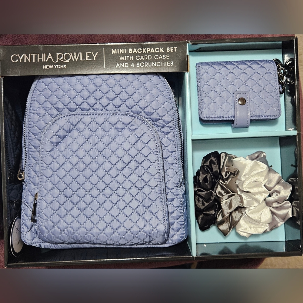 Cynthia Rowley Mini Backpack & Card Case + 4 Scrunchies Gift Set Blue NEW